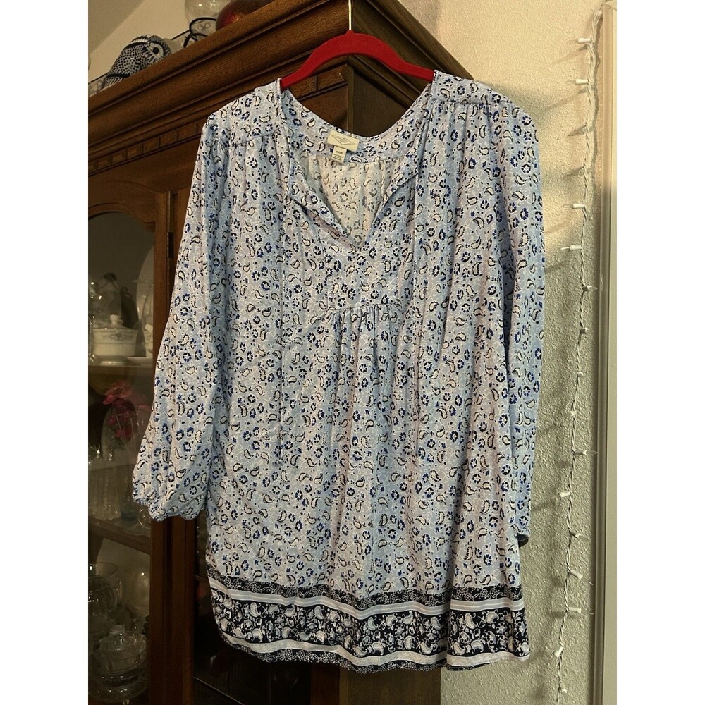 St John's Bay Blue Paisley Long Sleeve Pullover Blouse Size XXLT BoHo Peasant - Picture 2 of 10